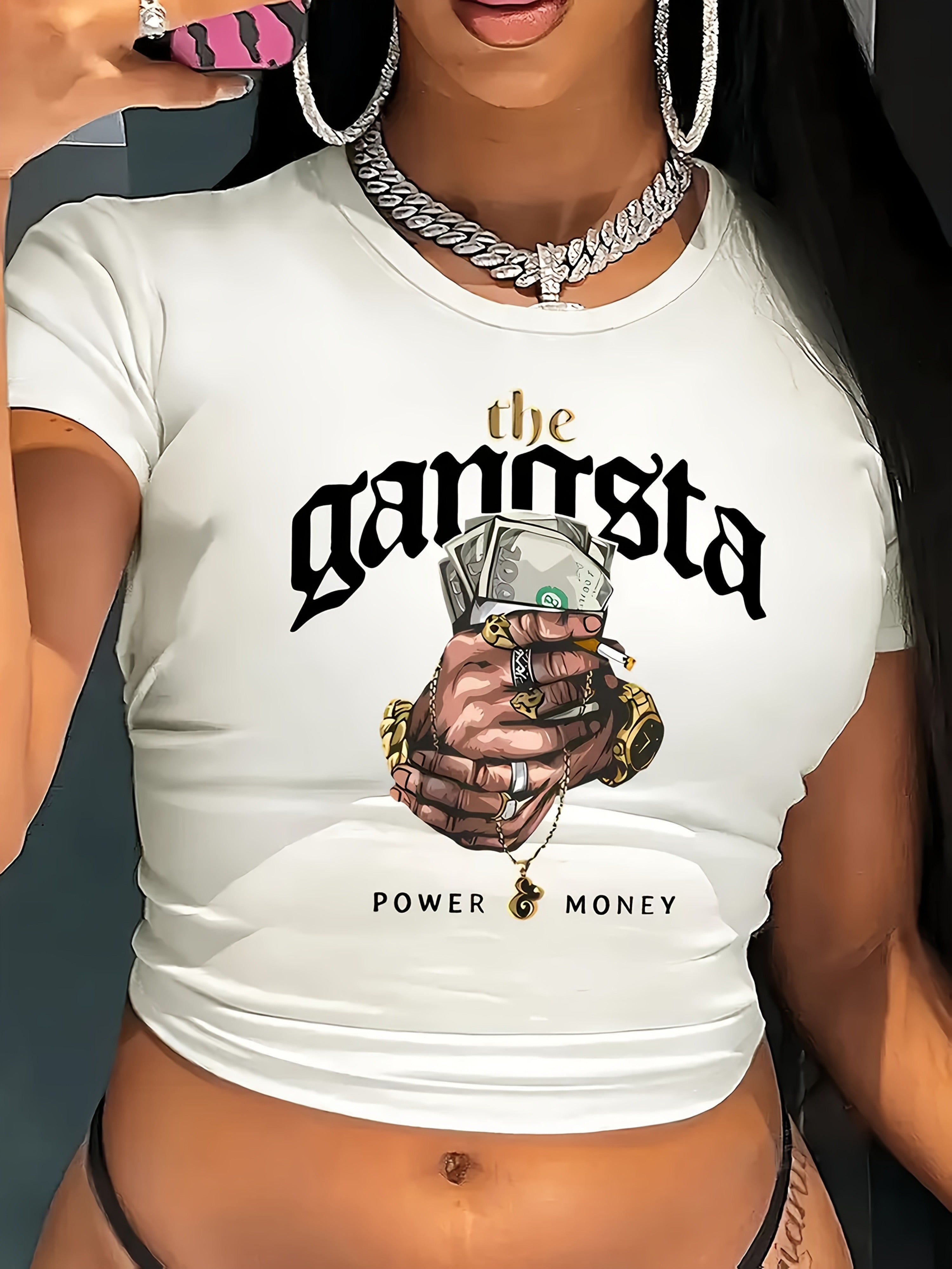 Women's Y2K "The Gangsta Power Money" Graphic Crop Top T-Shirt - White Round Neck Short Sleeve Tee with Bold Print, Perfect for Spring and Summer Fashion, Ladies T Shirts